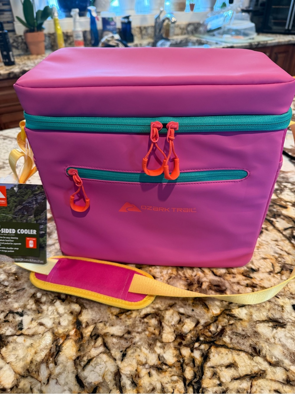 Ozark Trail Pink Cooler Bag with Teal Zippers and Yellow Strap